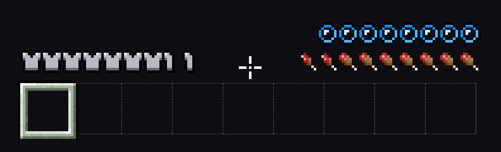 HUD opstelling met armor, honger, lucht, crosshair, effect achtergronden en hotbar